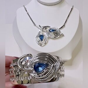 Vintage Silver Tone Necklace and Bracelet Set with blue glass stones